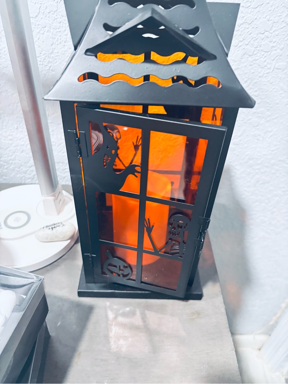 Halloween Black Metal Lantern with Orange Glass Panels